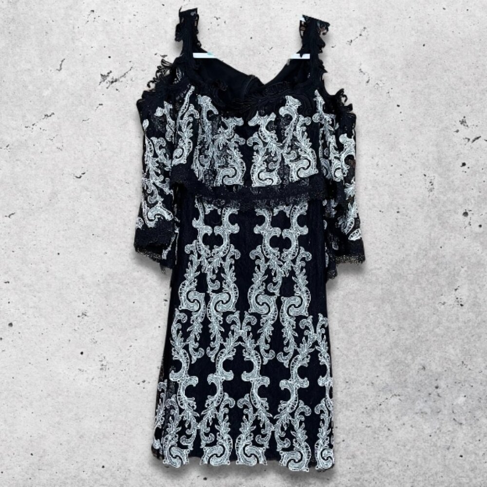 Kobi Halperin Reanna Dress NWT Allover Ruffled Lace Off Shoulder Black/White W S